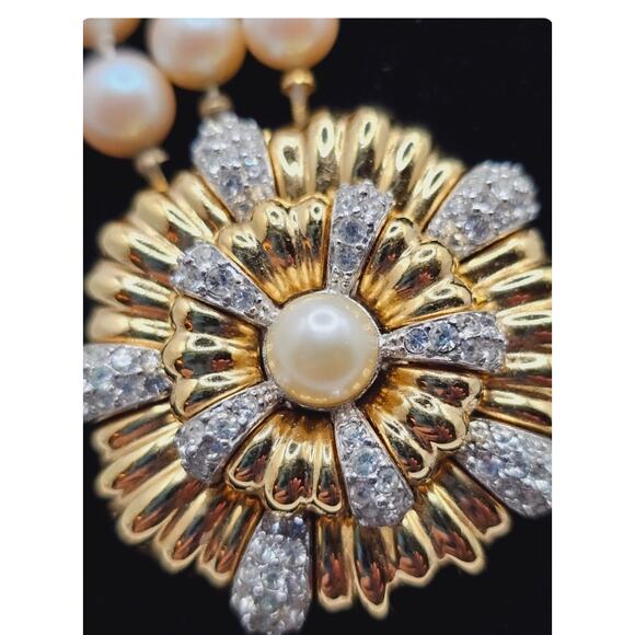 Givenchy Vintage Long Three Strand Faux Pearl Necklace Floral Rhinestone Clasp - Picture 5 of 6